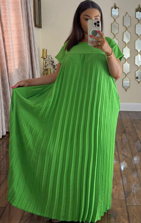 Kind Vibe Women's Long Pleated Summer Maxi Dress with Pockets - Green