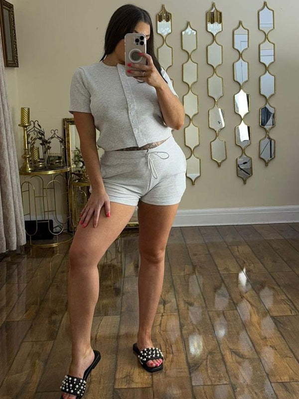 Kind Vibe Molly Women's Ribbed Short Sleeve Button Through Co-ord Set - Grey
