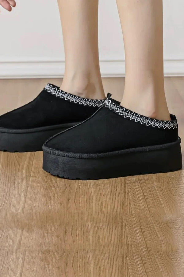 Kindvibe Embroidered Platform Faux Fur Winter Slippers - Black