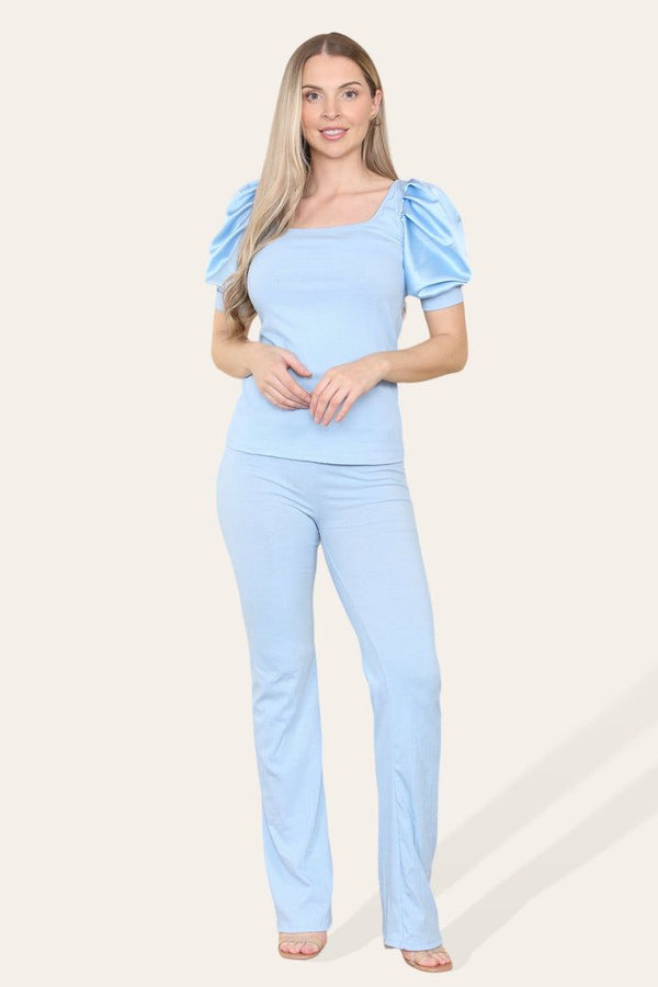 Kind Vibe Women's Silky Satin Puff Sleeves Ribbed Lounge Set - Sky Blue