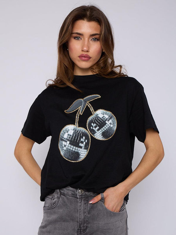 Kind Vibe Women's Cherry Graphic Printed T-Shirt Top - Black