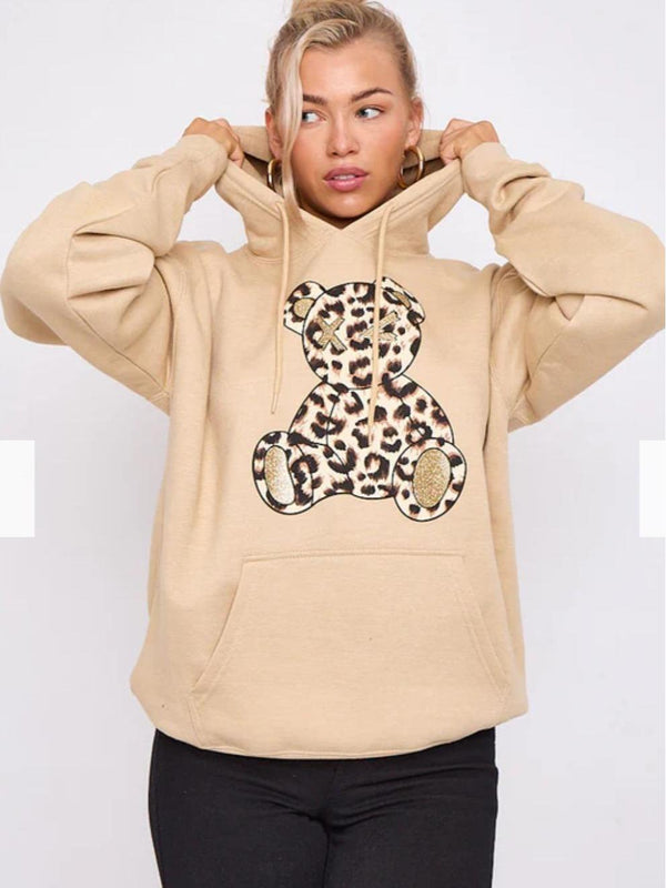 Kind Vibe Women's Long Sleeve Oversized Leopard Print Teddy Graphic Hoodie Comfort - Beige