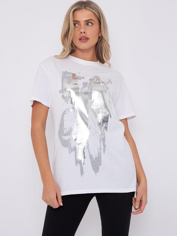 Kind Vibe Women's Wine Foil Graphic Printed T-Shirt - Casual and Comfortable Fit Tee - White Silver