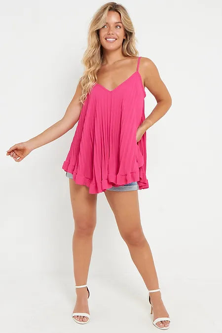 Kind Vibe Women's Frill Pleated Cami Vest Short Top (One Size 6-14) Cami Top Comfort - Coral