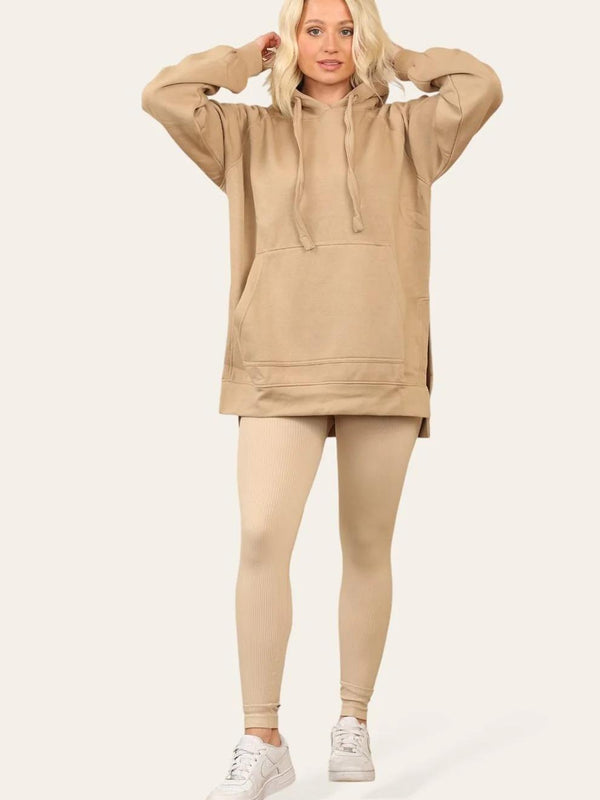 Kind Vibe Women's Side Split Front Pocket Over Size Hoodie with Matching Leggings - Camel