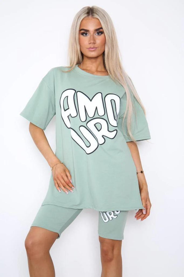 Kind Vibe Women's Amour Side Slit Short and T-Shirts Co-Ord Two Piece Set One Size Fits 6-16 Comfort - Sage Green