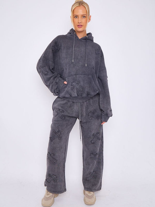 Kind Vibe Women's Cross Patch Hoodie And Joggers Tracksuit Lounge Set - Charcoal