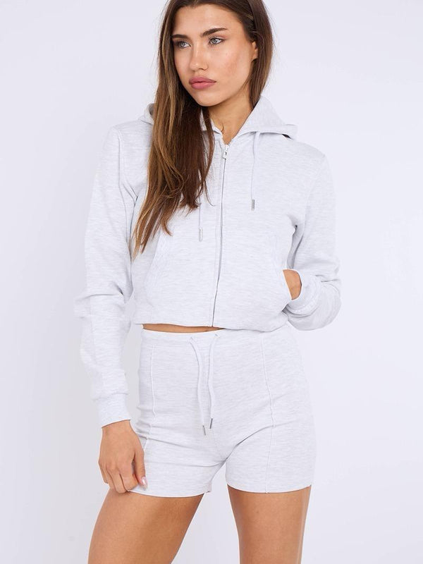 Kind Vibe Women's Zipped Hooded Crop Top & Seam Detail Shorts Fleece Co-ord Set - Grey