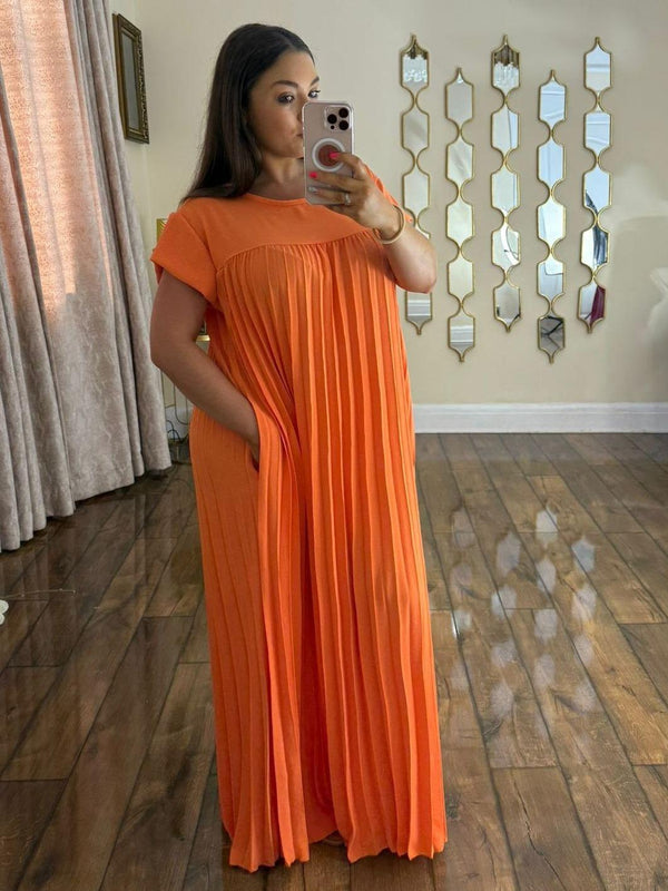 Kind Vibe Women's Long Pleated Summer Maxi Dress with Pockets - Orange