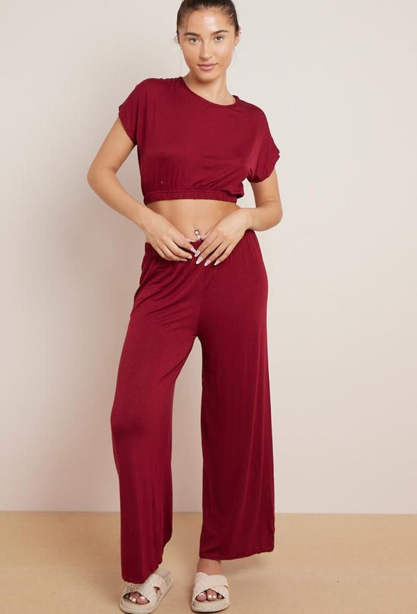 Kind Vibe Women's Cropped Top Trouser Outfit Set Two Piece Loungewear Tank Pants Comfortable - Wine