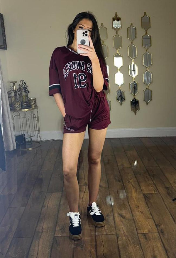 Kind Vibe Womens LA Varsity T-Shirt With Shorts Co-Ord Set - Wine