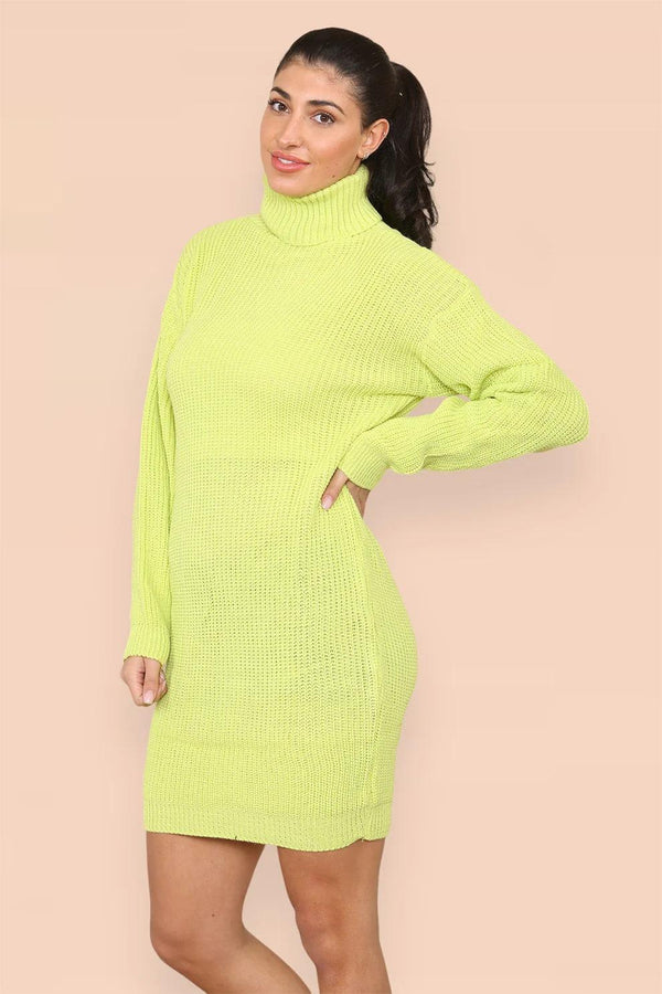 Kind Vibe Women's Polo Roll Neck Over Sized Ribbed Knitted Florescent Chunky Sweater Jumper Dress Womenswear -  Neon Green