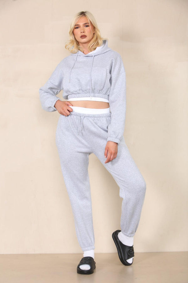 Kind Vibe Women's Fleece Cropped Suit With Rib Trim Detail Co-ord Set - Silver