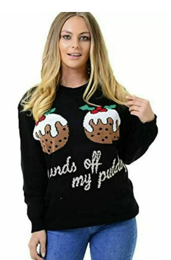 Kind Vibe  Women's HANDS OFF MY PUDDING Xmas Christmas Knitted Jumper Top dress - Black