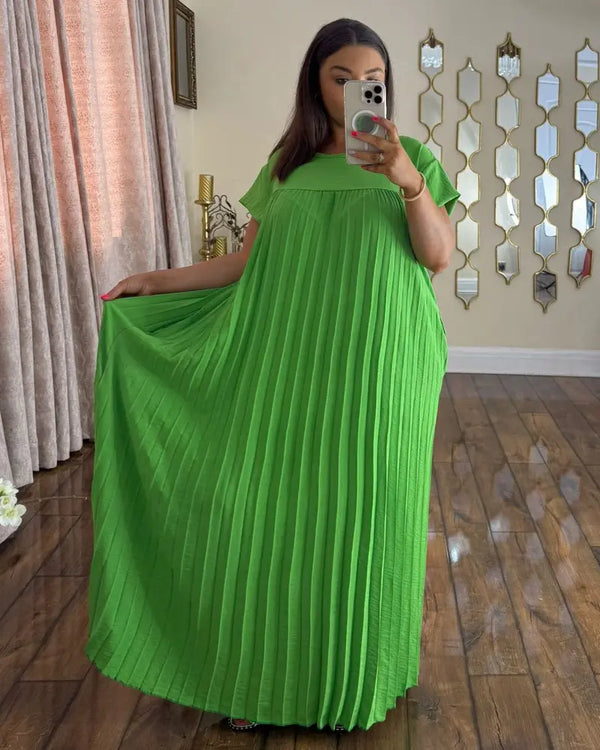 Kind Vibe WOmens Long Pleated Summer Maxi Dress With Pockets - Green