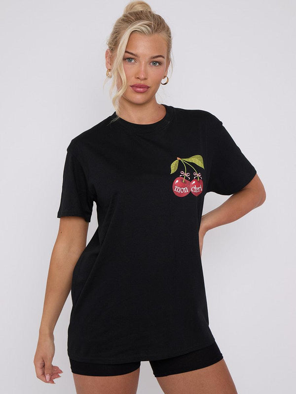 Kind Vibe Women's Mon Cheri Cherry Graphic Printed T-Shirt - Casual and Comfortable Fit Tee - Black