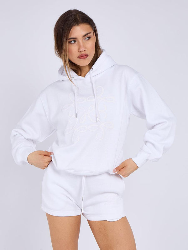 Kind vibe Women's Embroidered Hoodie & Shorts Fleece Co-ord Set - White