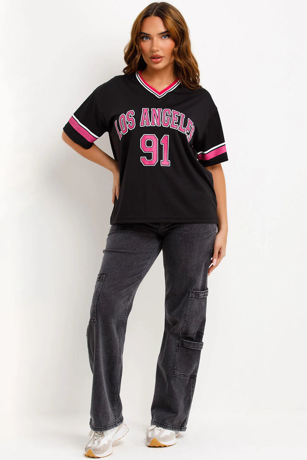 Kind Vibe Women's Los Angeles 91 Jersey T-Shirt Top - Black