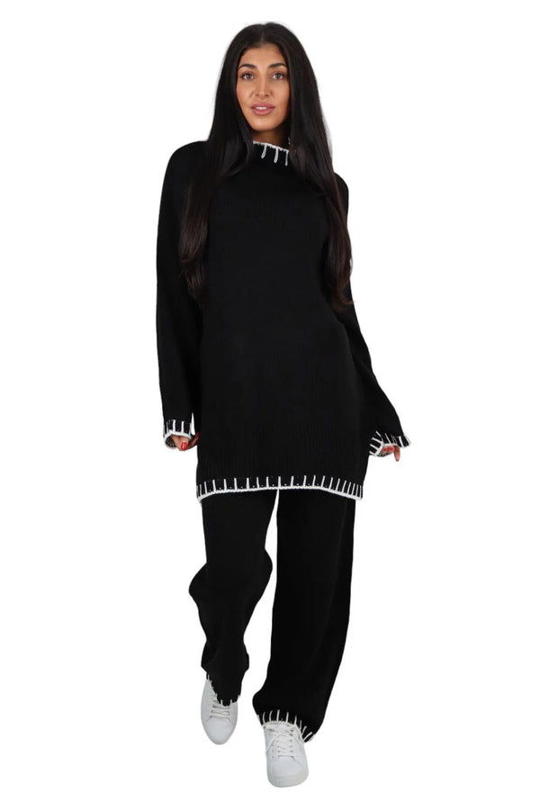 Kind Vibe Women's Casual Loungewear Rib Knit Wide Leg Co-Ord Set (One Size 6-16) Comfort stitchset - Black
