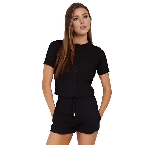 Kind Vibe Molly Women's Ribbed Short Sleeve Button Through Co-ord Set - Black