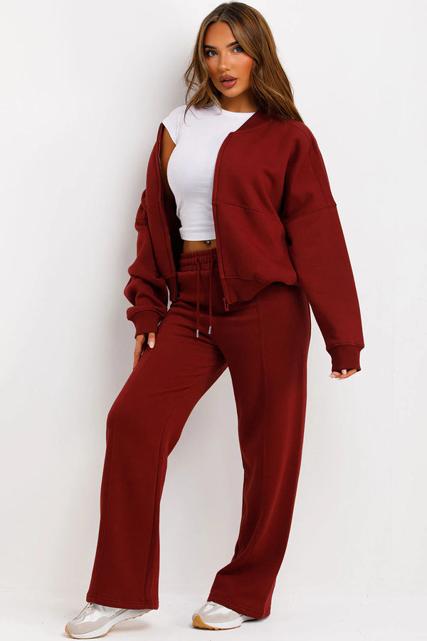 Kind Vibe Premium Rising Label Women's Bomber Sweatshirt With Zip And Joggers Loungewear Set - Wine