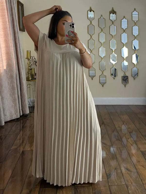 Kind Vibe WOmens Long Pleated Summer Maxi Dress With Pockets - Beige