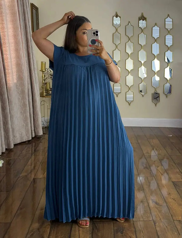 Kind Vibe WOmens Long Pleated Summer Maxi Dress With Pockets - Blue