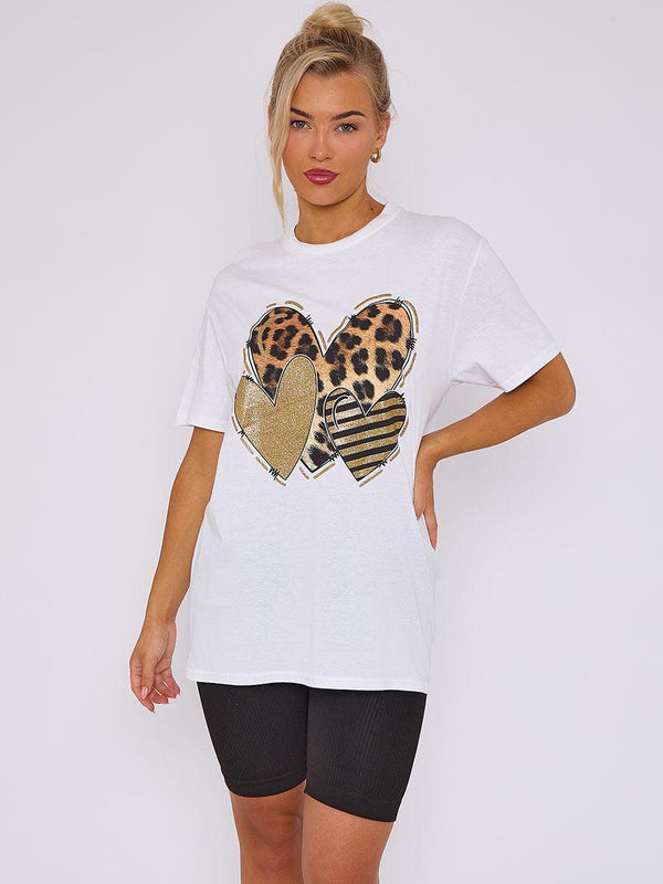 Kind Vibe Women's Three Hearts Graphic Printed T-Shirt - Casual and Comfortable Fit Tee - White