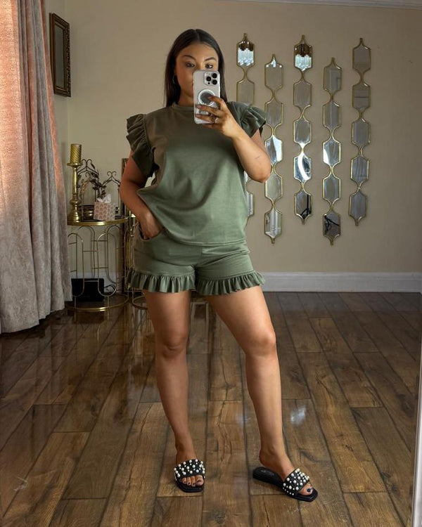 Kind Vibe Womens Frill Peplum Short Sleeve Top and Short Co Ord Set Comfort - Khaki