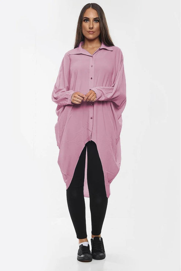 Kind Vibe Women's High-Low Oversized Button Long Top Shirt Dress with Hem and Long Sleeves Comfortable - Dusty Pink