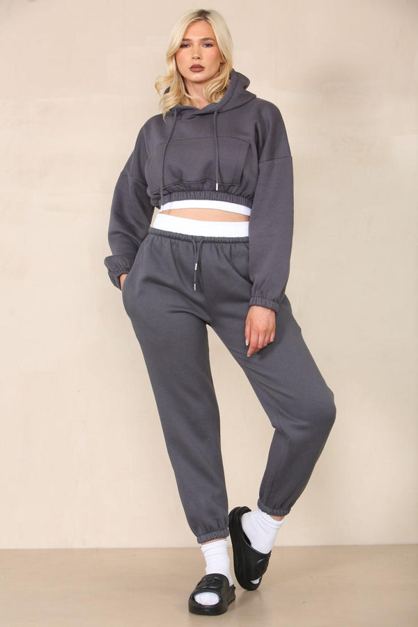 Kind Vibe Women's Fleece Cropped Suit With Rib Trim Detail Co-ord Set - Charcoal