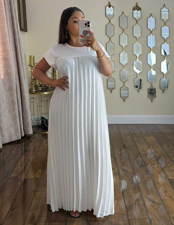 Kind Vibe Women's Long Pleated Summer Maxi Dress with Pockets - White/Cream