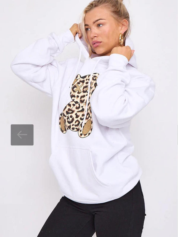 Kind Vibe Women's Long Sleeve Oversized Leopard Print Teddy Graphic Hoodie Comfort - White