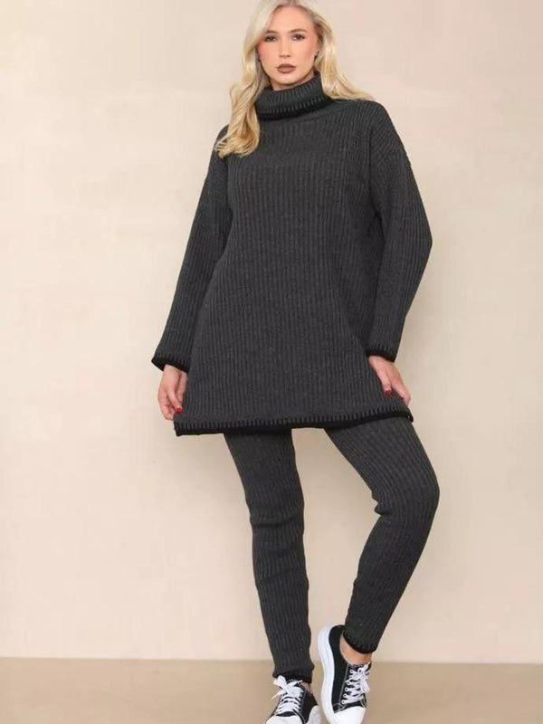 Kind Vibe Women's Ribbed Polo Loungewear 2 Pcs Stitch Co-Ord Set (One Size 6-16) Womenswear - Charcoal