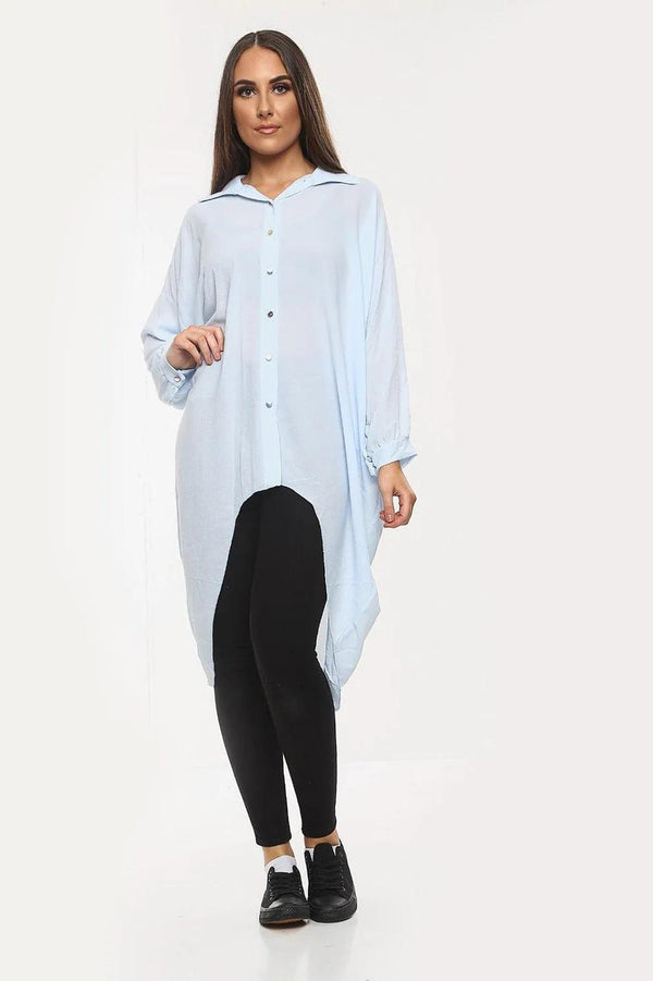Kind Vibe Women's High-Low Oversized Button Long Top Shirt Dress with Hem and Long Sleeves Comfortable - Sky Blue