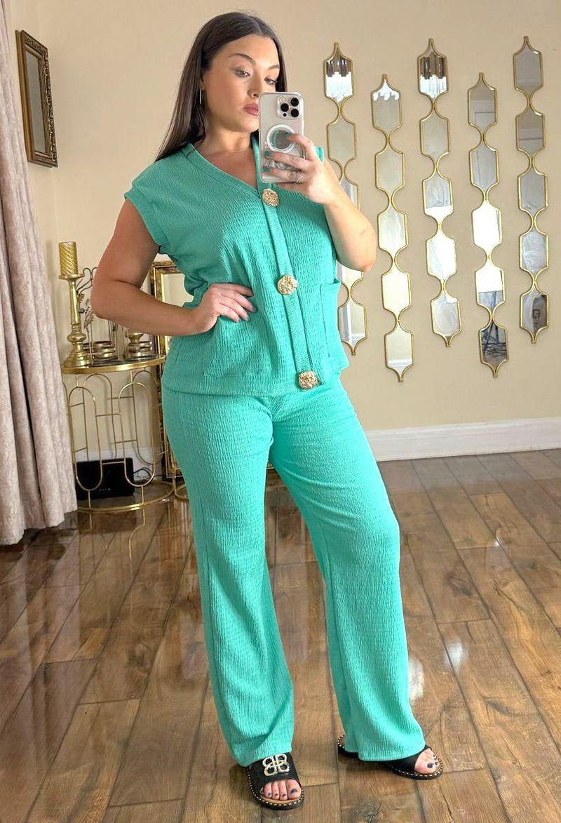 Kind Vibe Women's Trouser and Waistcoat Co Ord Set With Gold Brooch - Mint