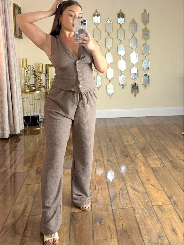 Kind Vibe Women's V Neck Waffle Style Waistcoat and Wide Leg Trouser Co ord Set - Mocha