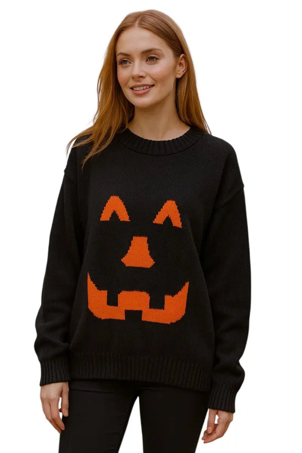 Kind Vibe Women's Halloween Vibes Collection Halloween Pumpkin Knitted Jumper