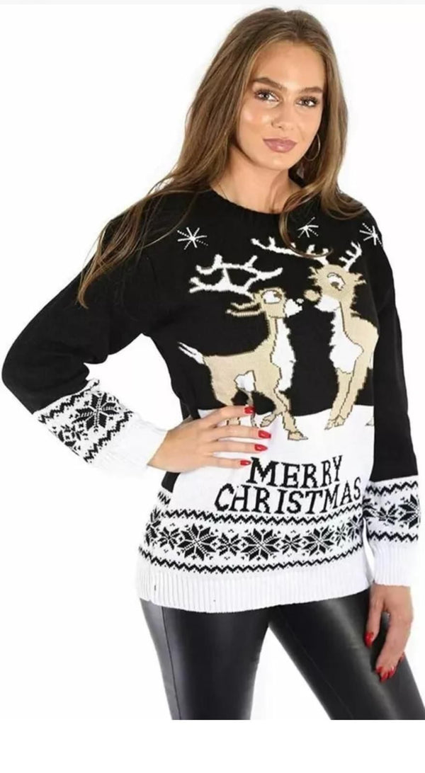 Kind Vibe Women's MERRY CHRISTMAS Kissing Reindeer Jumper dress One size (6-16) - Black