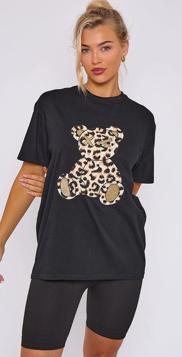 Kind Vibe Women’s short Sleeve Leopard Teddy Graphic Round Neck Oversized Baggy T-Shirt Top Tshirt - Black