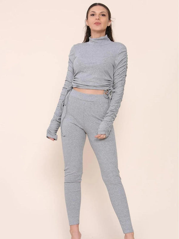 Kind Vibe Women's High Neck Ruched Side Arm Solid Drawstrings Ribbed Tee and Leggings Set - Grey