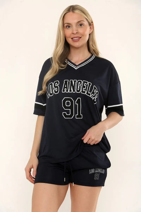 Kind Vibe Womens LA Varsity T-Shirt With Shorts Co-Ord Set - Black