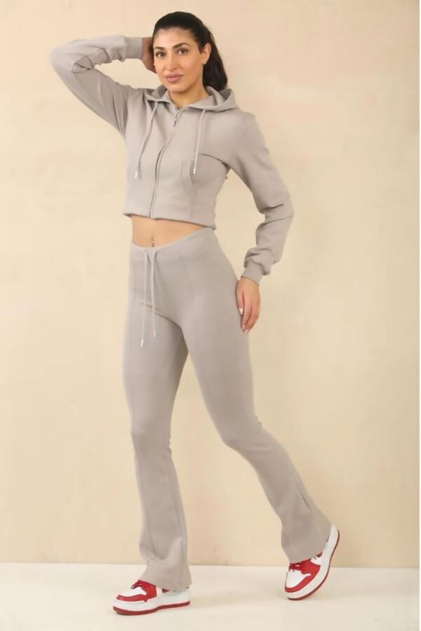 Kind Vibe Women's Interlock Cropped Zip Hoodie and Bell Bottom Trouser Set - Dove