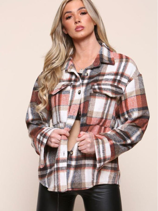 Kind Vibe Women's Casual Winter Shirt Top Ladies Check Fleece Jacket Tunic Shacket Comfort - Rust