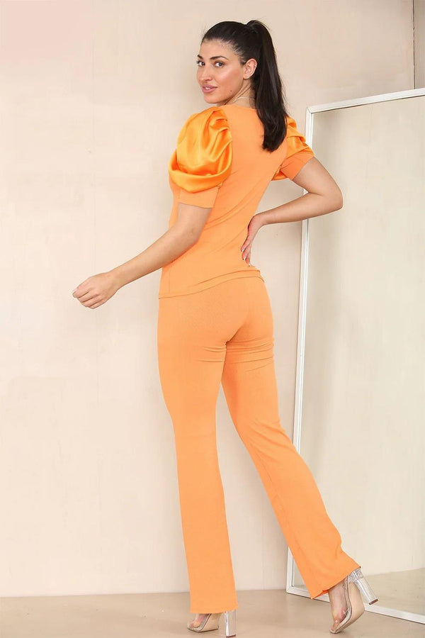 Kind Vibe Women's Silky Satin Puff Sleeves Ribbed Lounge Set - Orange