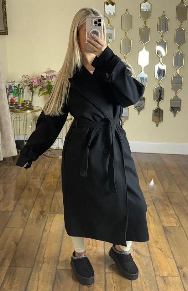 Kind Vibe Women's Commuter Double Breasted Notch Label Waist Tie Pocket Thermal Coat Belted Jacket
