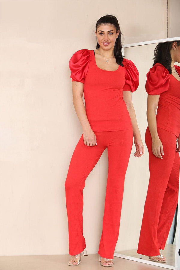 Kind Vibe Women's Silky Satin Puff Sleeves Ribbed Lounge Set - Red