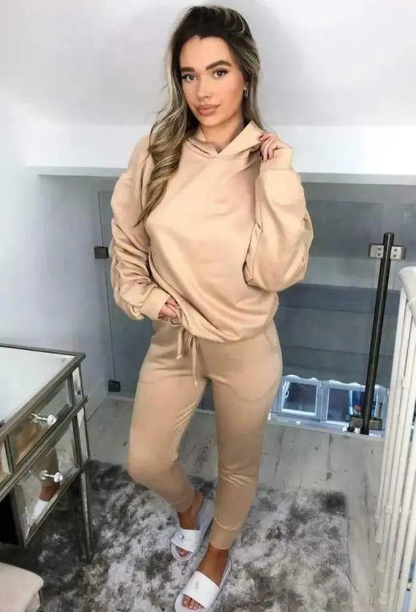 Kind Vibe Women's Ruched Sleeve Hoodie top & Bottom Suit Loungewear Co-Ord Set Casual - Beige