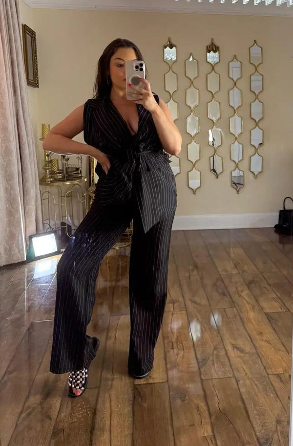 Kind Vibe Womens Black Pinstripe Sleeveless Blazer and Trouser Suit Co Ord Set