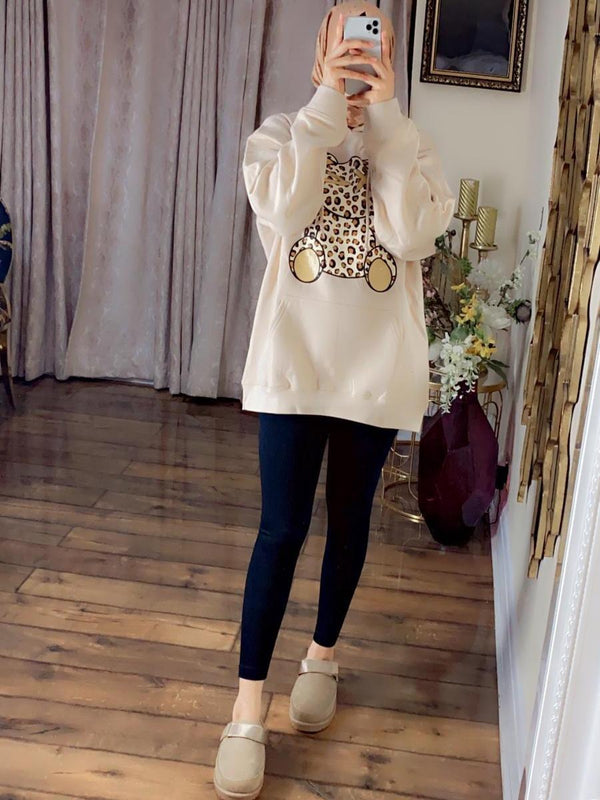 Kind Vibe Women's Teddy Print Oversize Hoodie with Black Leggings Set - Beige
